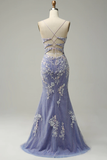 Charming Mermaid V Neck Blue Long Prom Dress With Appliques HZ1023