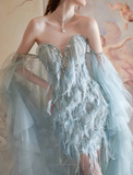 Dreamy Blue Mermaid Sweetheart Neck Feather Tulle Prom Dress Party Dress HZ1023