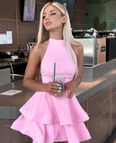 Pink A Line Halter Layered Pink Satin Open Back Short Homecoming Dress Cocktail Dress HZ1023