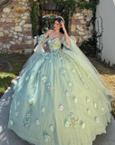 Green Ball Gown Quinceanera Dresses Off the Shoulder Floral Tulle Sweet 16 Dress Party Gowns HZ1023