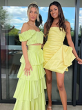 Two Piece A Line Off the Shoulder Layered Satin Long Prom Dress Outfits HZ1023