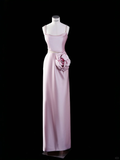 Simple Pink Sheath Spaghetti Strap Flower Satin Party Dress Evening Dress HZ1023