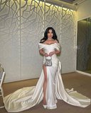 White Off The Shoulder Pleated Satin Prom Dress Formal Evening Dress HZ1023
