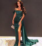 Sexy Dark Green Satin Mermaid Prom Dresses 2025 Spaghetti Straps Pleats Seep Train Formal Evening Occasion Pageant Gowns HZ1023