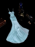 Gentle Mermaid Spaghetti Strap Beaded Blue Chiffon Satin Prom Dress Party Dress HZ1023