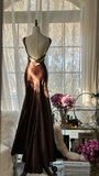 Sexy Mermaid Halter Brown Satin Long Open Back Party Dress Evening Dress HZ1023