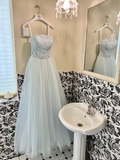 Baby Blue A Line Strapless Beaded Tulle 18th Birthday Dress Prom Dress HZ1023