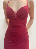 Inspiration Mermaid Spaghetti Strap Red Satin Prom Dress Evening Dress with Slit HZ1023