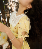 Cute A Line Puff Print Floral Lace Yellow Chiffon Summer Dress Party Dress Outfits HZ1023