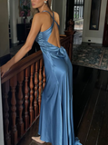 Blue Sheath Halter Bow Satin Open Back Prom Dress Graduation Prom Dress HZ1023