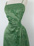 Retro A Line Spaghetti Strap Green Beaded Satin Long Evening Dress Party Dress HZ1023