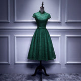 A line Dark Green Lace Short Prom Dresses HZ1023