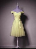 Yellow Tulle Off Shoulder Knee Length Party Dress, Light Yellow Formal Dress HZ1023