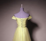 Yellow Tulle Off Shoulder Knee Length Party Dress, Light Yellow Formal Dress HZ1023