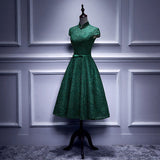A line Dark Green Lace Short Prom Dresses HZ1023
