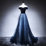 A Line Tulle Prom Dresses Navy Blue Evening Dress HZ1023
