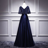 A line Satin Long Navy Blue Lace Prom Dresses HZ1023