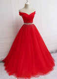 Beautiful Red Tulle Off Shoulder Long Formal Gown Red Sweet 16 Dresses HZ1023
