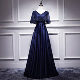 A line Satin Long Navy Blue Lace Prom Dresses HZ1023