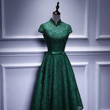 A line Dark Green Lace Short Prom Dresses HZ1023