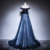 A Line Tulle Prom Dresses Navy Blue Evening Dress HZ1023