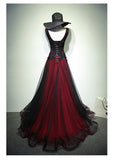 Black and Tulle V-neckline Beaded Lace Long Party Dress, A-line Prom Dress Evening Dresss HZ1023