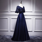 A line Satin Long Navy Blue Lace Prom Dresses HZ1023