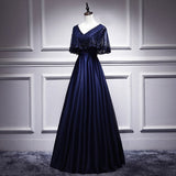 A line Satin Long Navy Blue Lace Prom Dresses HZ1023