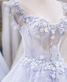 Light blue tulle lace long prom dress, blue evening dress HZ1023