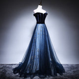 A Line Tulle Prom Dresses Navy Blue Evening Dress HZ1023