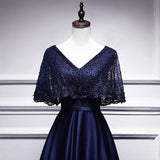 A line Satin Long Navy Blue Lace Prom Dresses HZ1023
