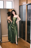 Shiny Green Sheath Strapless Sequin Evening Dress Party Dress with Slit HZ1023