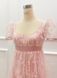 Retro Pink A Line Puff Tulle Long Prom Dress Party Date Dress HZ1023