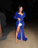 Royal Blue Sequin Long Sleeves Prom Dress Sexy Slit Party Dress HZ1023