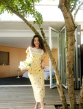 Cute A Line Puff Print Floral Lace Yellow Chiffon Summer Dress Party Dress Outfits HZ1023