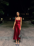 Romantic Burgundy A Line Straps Satin Prom Dress Evening Dress HZ1023