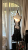 Stunning Mermaid Spaghetti Strap Beaded Black Chiffon Short Homecoming Dress Cocktail Dress HZ1023
