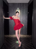 Red A Line Off the Shoulder Satin Velvet Short Homecoming Dress Cocktail Dress HZ1023