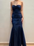 Vintage Mermaid Sweetheart Neck Beaded Navy Blue Satin Prom Dress Evening Dress HZ1023
