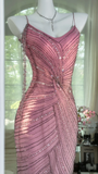 Charming Sheath Spaghetti Strap Beaded Pink Chiffon Party Dress Homecoming Dress HZ1023