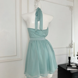 Gentle A Line Halter Rhinestone Blue Chiffon Open Back Homecoming Dress Cocktail Dress HZ1023