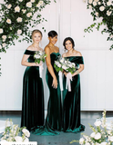 Stunning A Line Off the Shoulder Hunter Green Velvet Bridesmaid Dress Evening Dress HZ1023