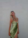 Green Simple A Line Spaghetti Straps Satin Open Back Prom Dress Evening Dress with Slit HZ1023