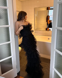 Black Mermaid Strapless Layered Tulle Long Prom Dress Evening Dress HZ1023