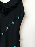 Vintage Blue Floral Black Beaded Ruffles Chiffon Prom Dress Evening Party Gowns HZ1023