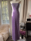 Shiny Sheath Strapless Beaded Purple Chiffon Long Party Dress Evening Dress HZ1023