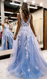 Shiny Blue Tulle Appliques Slit Prom Dress Evening Dress HZ1023