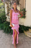 Pink Lovely Lace A Line Ruffles Slit Prom Dress HZ1023