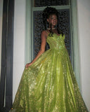 Stunning Green A Line Spaghetti Strap Corset Sequin Long Prom Dress Evening Dress HZ1023