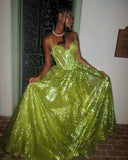 Stunning Green A Line Spaghetti Strap Corset Sequin Long Prom Dress Evening Dress HZ1023